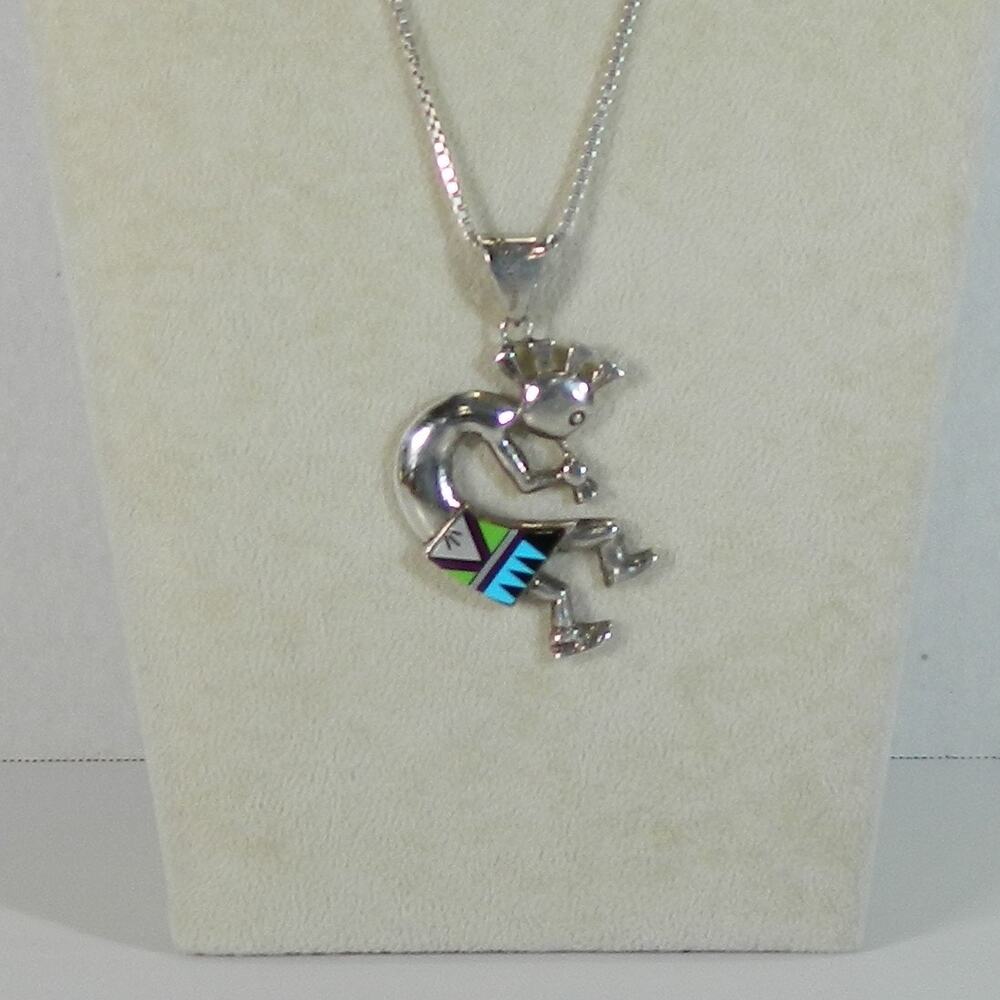 Vintage Large Inlay Stone Kokopelli Pendant w/ heavy Sterling Chain signed BW